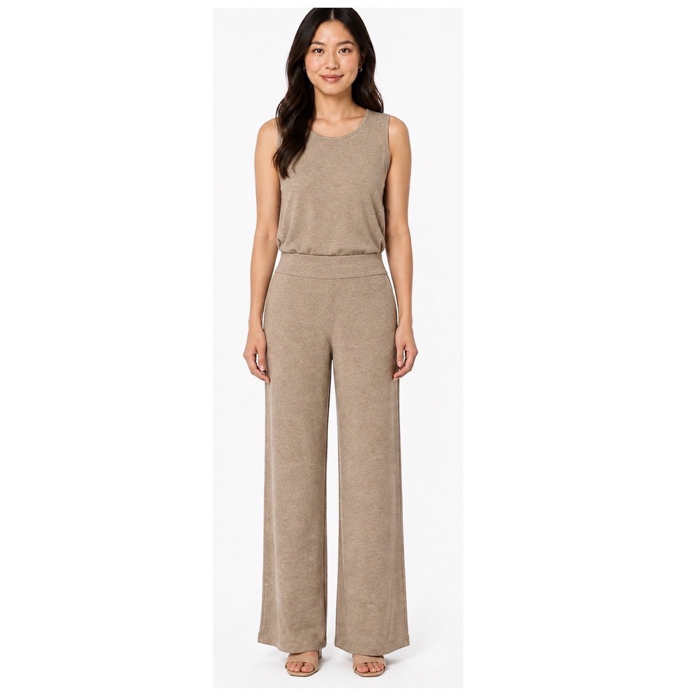 Zara XL Tan Beige Knit Wide Leg Lounge Pants High Rise Elastic Waist Chic 114-18